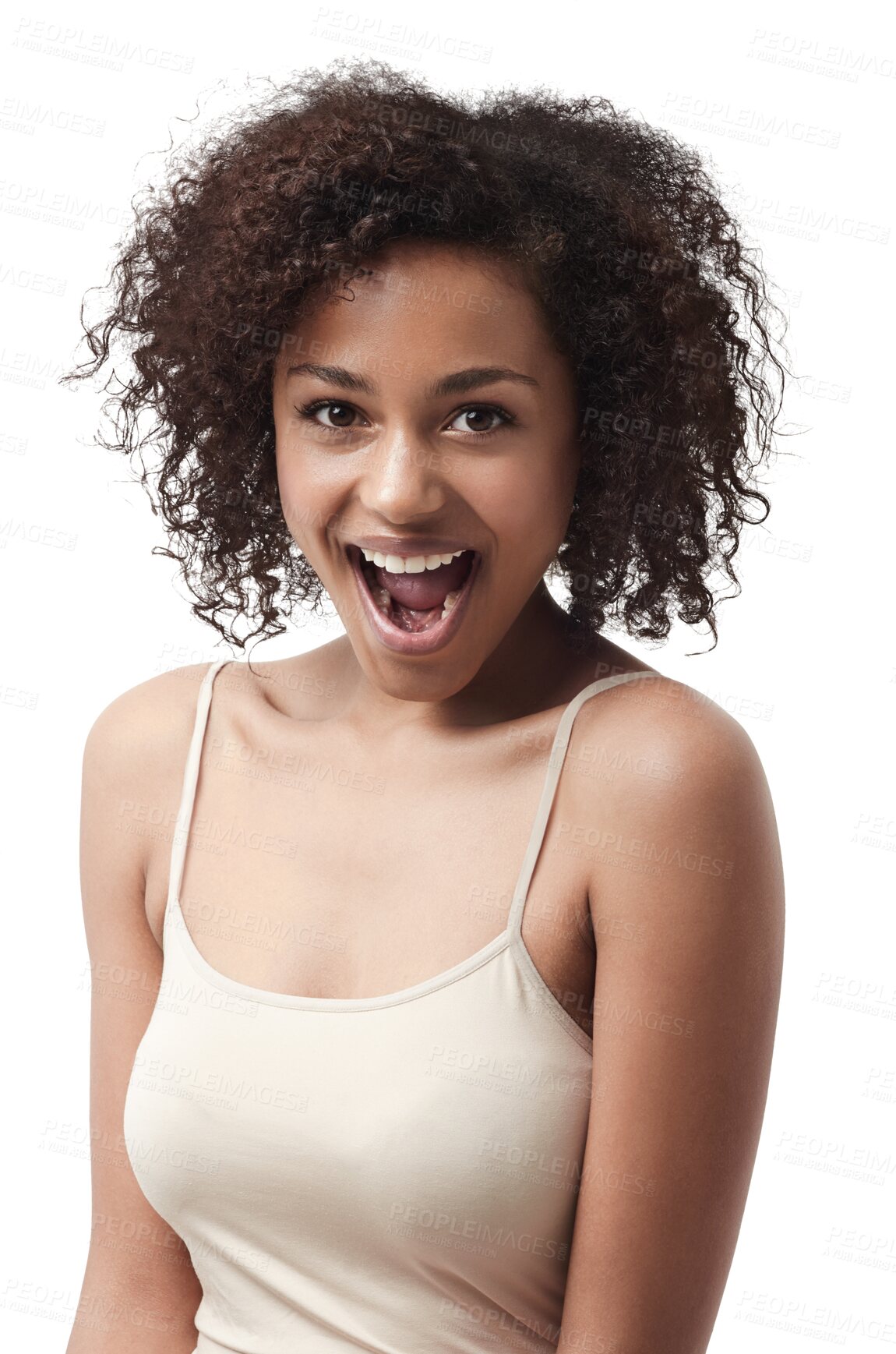 Buy stock photo Excited, happy and portrait of woman with smile on isolated, png and transparent background. Success, happiness and omg face of female person with surprise, winning and wow reaction for announcement