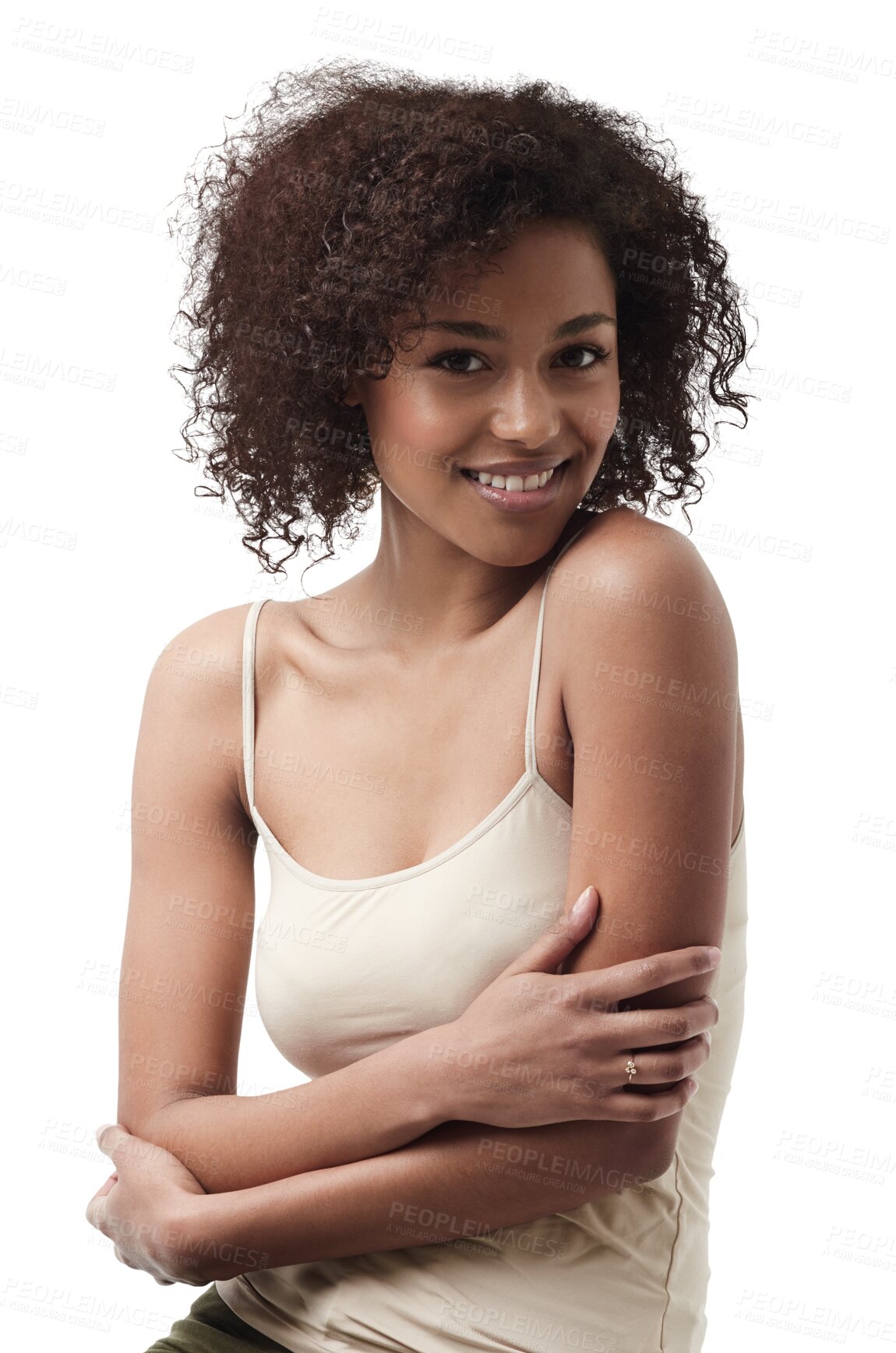 Buy stock photo Portrait, smile and happy black woman with self love hug for body care on isolated, transparent or png background. Face, beauty and african girl model feeling skin treatment results, cosmetic or glow