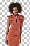 A stylish african woman smiling at the camera isolated on a png background