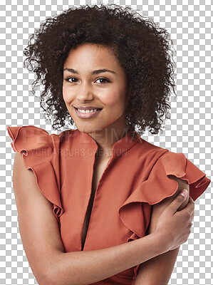 Buy stock photo Portrait, fashion and happy black woman relax on isolated, transparent and png background. Face, smile and stylish african girl model posing, carefree and cheerful, excited and satisfaction indoors