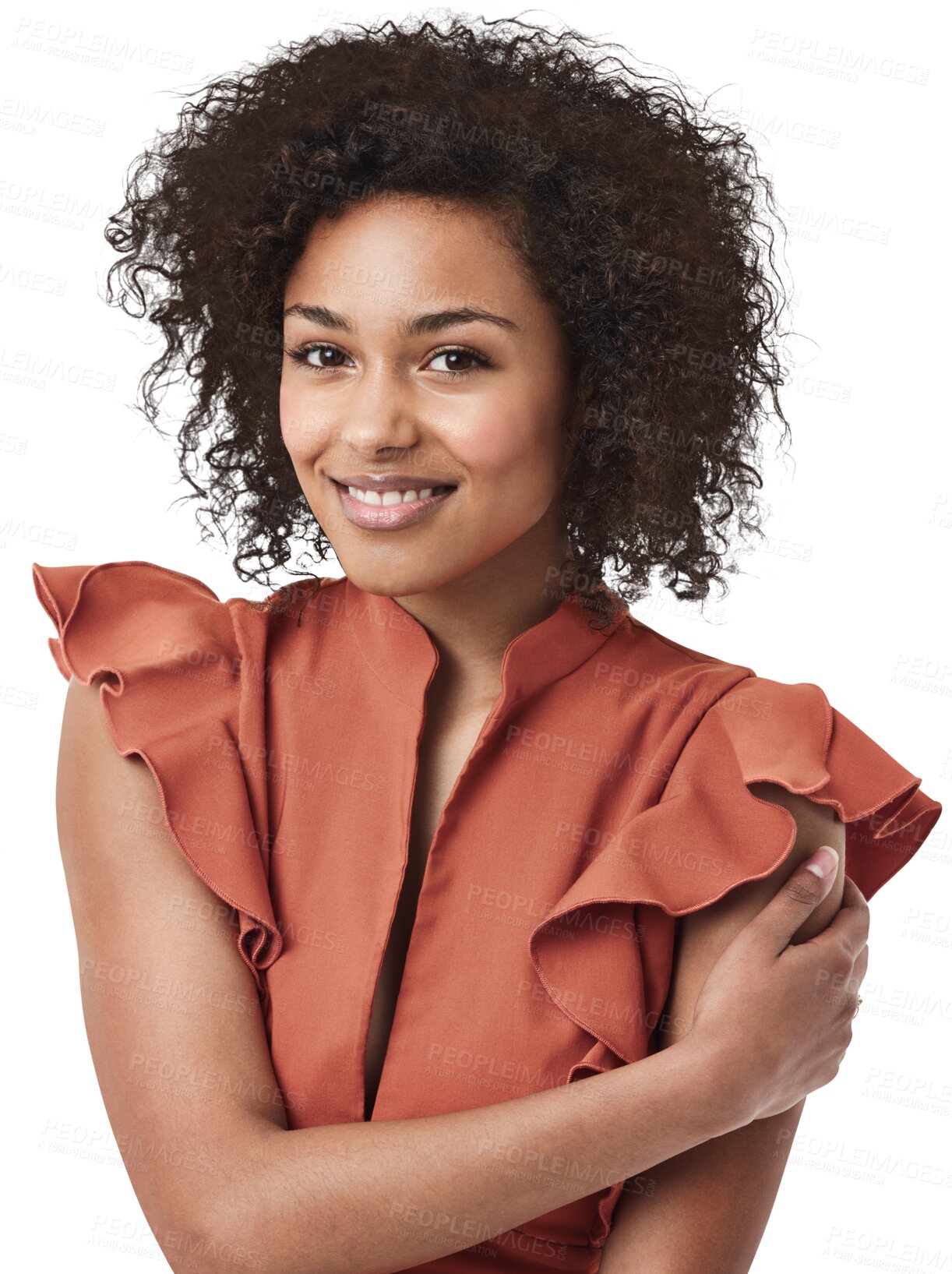 Buy stock photo Portrait, fashion and happy black woman relax on isolated, transparent and png background. Face, smile and stylish african girl model posing, carefree and cheerful, excited and satisfaction indoors