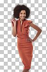 Portrait of a fashionable woman waving at the camera isolated on a png background