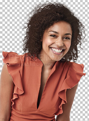 Buy stock photo Fashion, happy and portrait of African woman on isolated, png and transparent background. Beauty, happiness and face of excited female person smile with natural cosmetics, confidence and laughing