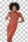 Cropped view of an attractive african american woman standing with her hands on her hips isolated on a png background	