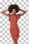 A stylish woman standing with her hands in her hair isolated on a png background