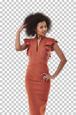 Buy stock photo Portrait, fashion and black woman relax on isolated, transparent and png background. Face, smile and stylish african girl model posing in a dress, carefree and having fun, confident and satisfaction