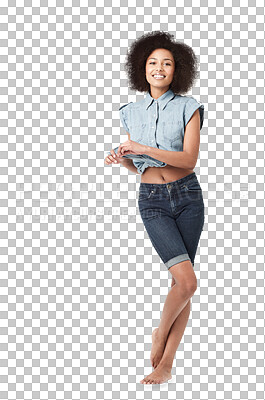 Buy stock photo Smile, woman and portrait isolated on transparent png background in style, confidence or happiness. Happy african female person in good mood, positive attitude and afro hair of pride, joy or barefoot