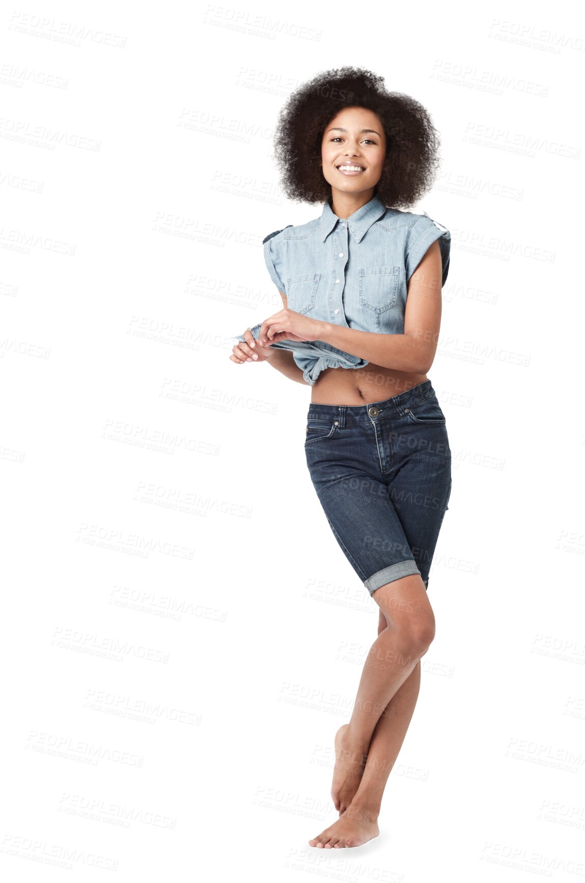 Buy stock photo Smile, woman and portrait isolated on transparent png background in style, confidence or happiness. Happy african female person in good mood, positive attitude and afro hair of pride, joy or barefoot