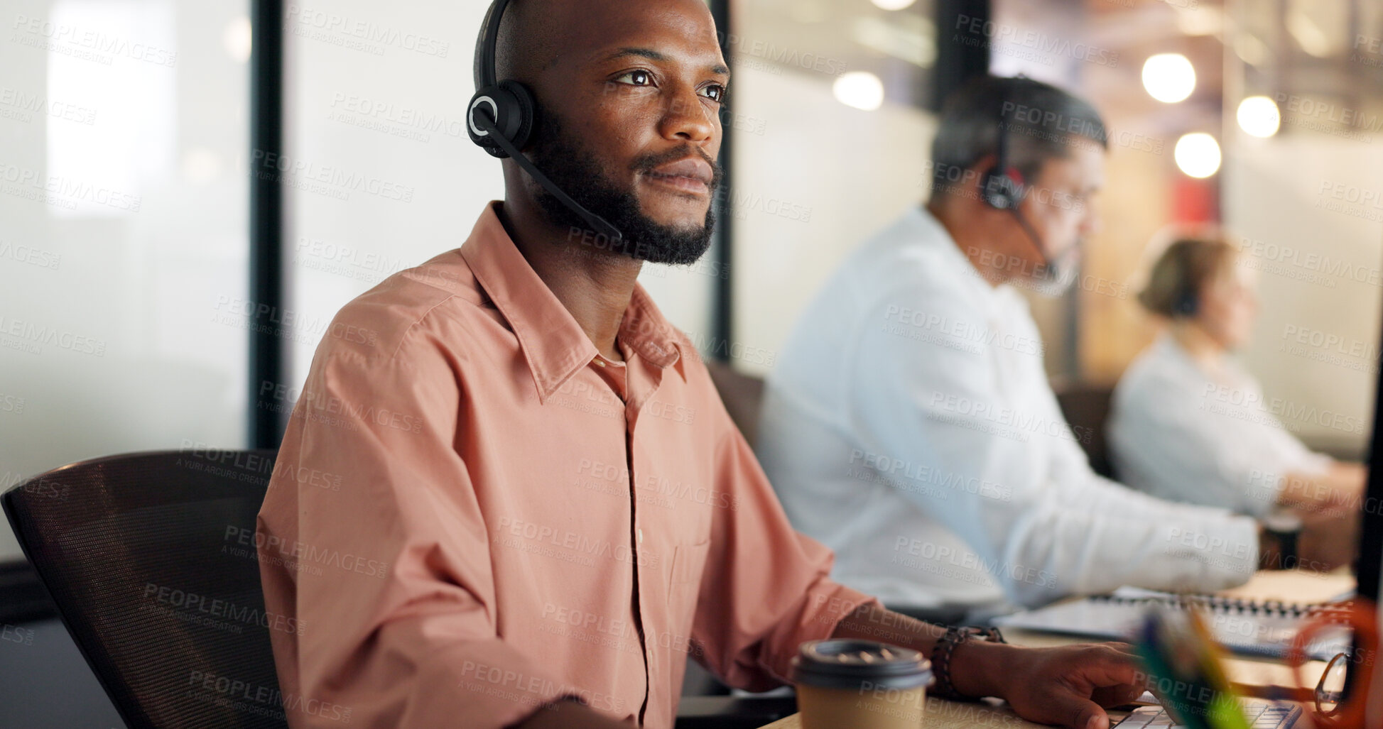 Buy stock photo Black man, call center and night in customer service, telemarketing or support at office. African male person, consultant or agent working late in contact us, online advice or virtual assistance