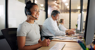 Contact us, telemarketing and crm, black woman in customer service with headset and smile on face. Happy to help, call center agent or sales consultant on phone call, support and consulting online.