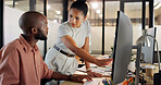 Training, computer and business people with teamwork, management and communication working in an office on company system. Software, website or technology with leader, manager and black man employee