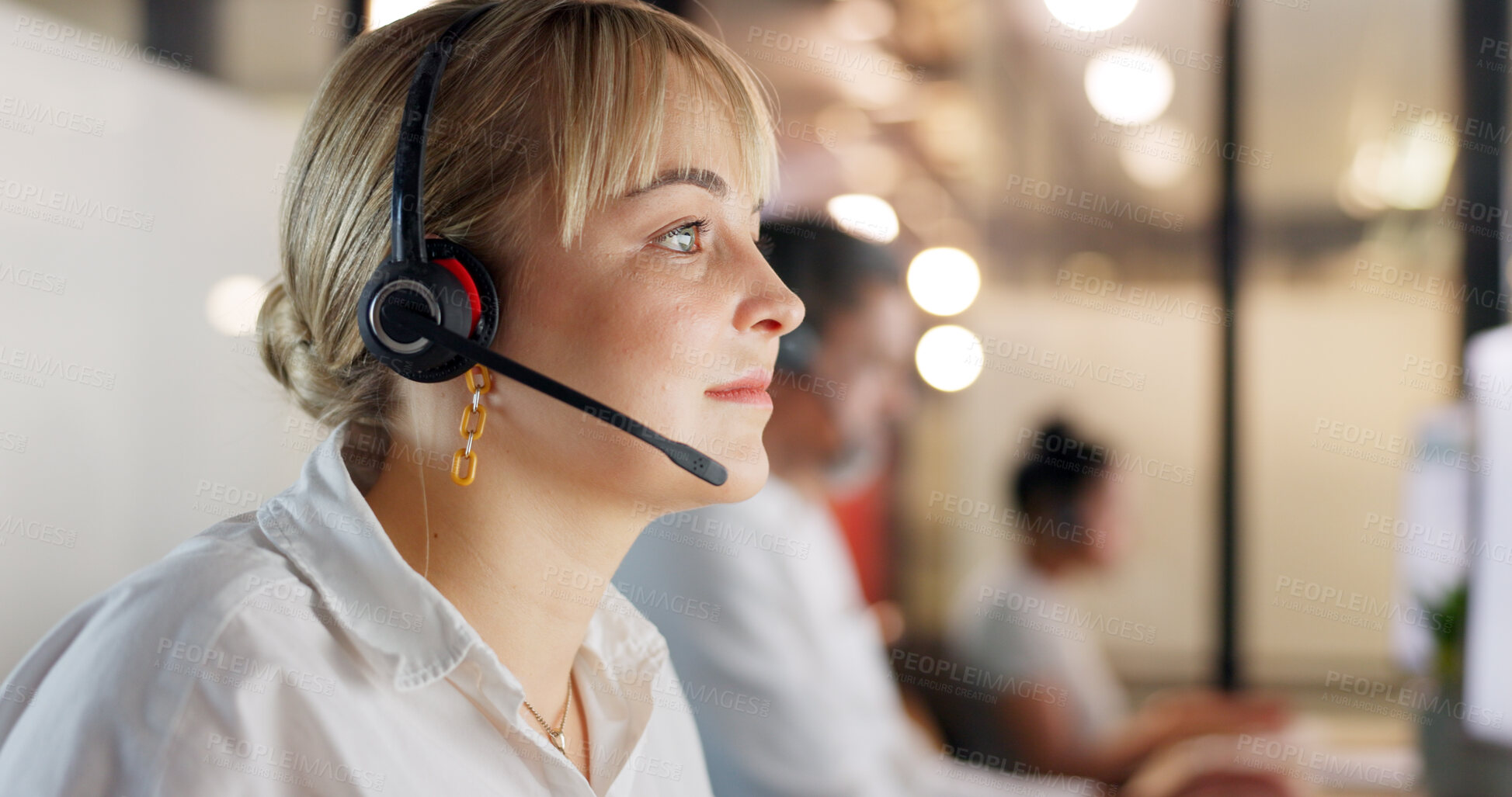 Buy stock photo Call center, woman and night in customer service, telemarketing or online advice at office. Female person, consultant or agent with headphones working late for virtual assistance or help at workplace