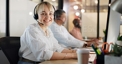 Call center, telemarketing and woman on computer for customer service, consultant and business crm in office. Sales, support and contact us on desktop, telecom consulting and microphone communication