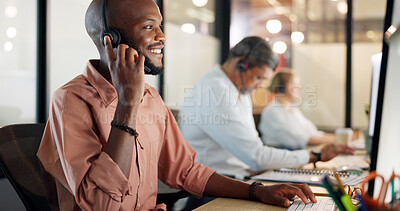 Call center, customer support and face of a black man consultant doing online consultation in the office. Customer service, sales employee and telemarketing agent working on crm strategy in workplace