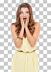 Attractive woman standing with a shocked expression on isolated on a png background