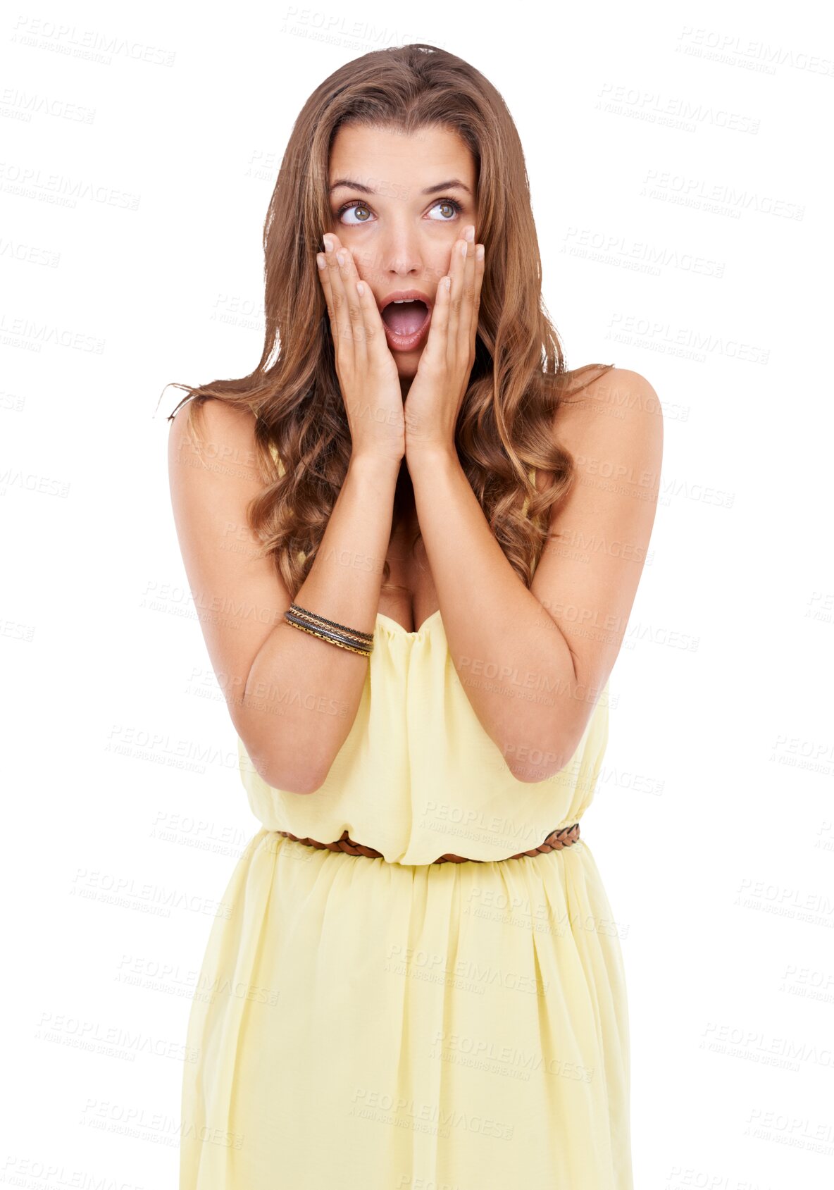 Buy stock photo Woman, fashion and hand on face for wow surprise, sale or discount announcement. Female model person shocked, happy or excited for winner, deal or advertising isolated on transparent, png background