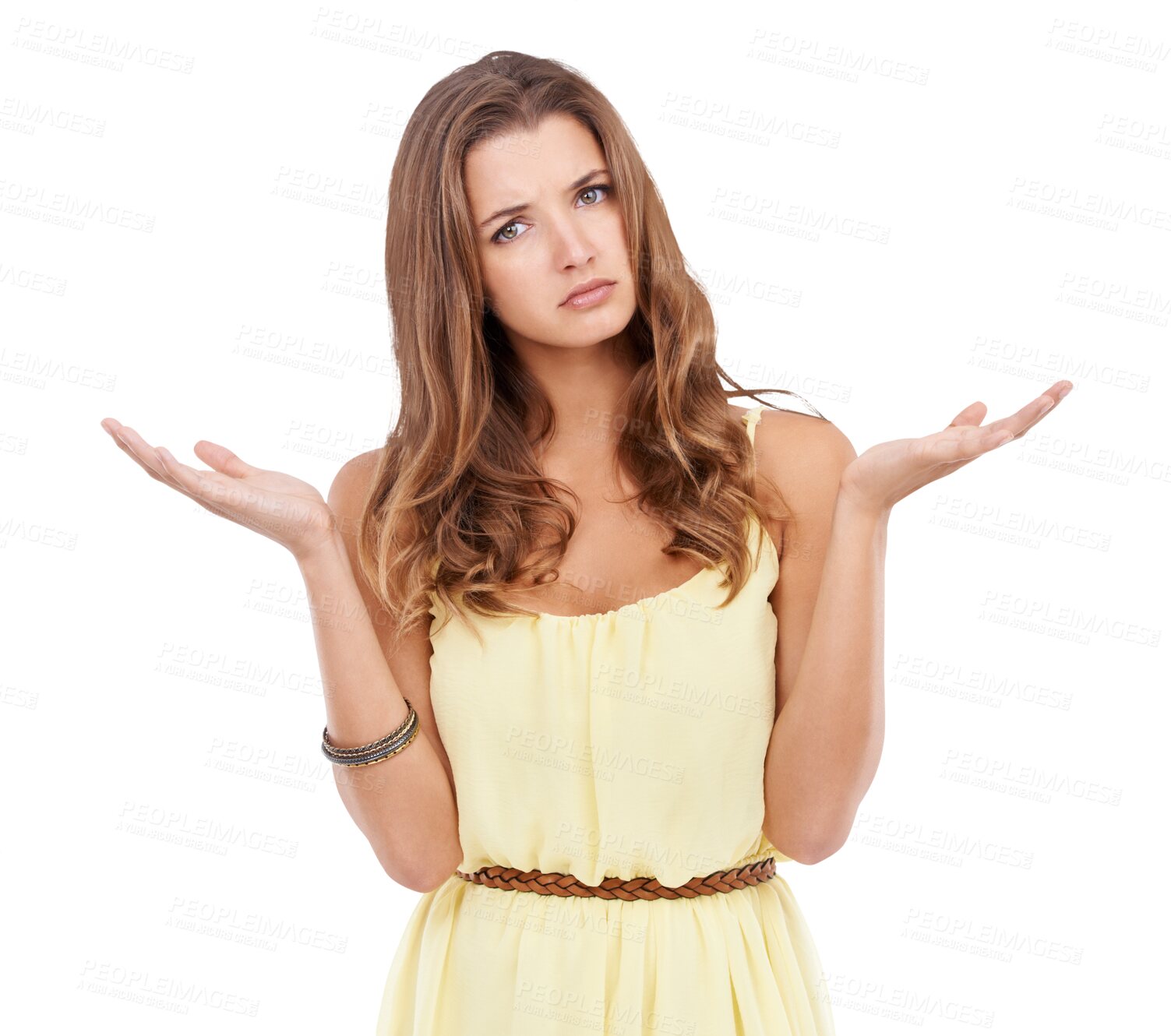 Buy stock photo Isolated woman, confused portrait and hands open with thinking, question or idea by transparent png background. Student girl, model and young with yellow dress for fashion, clothes and hand gesture