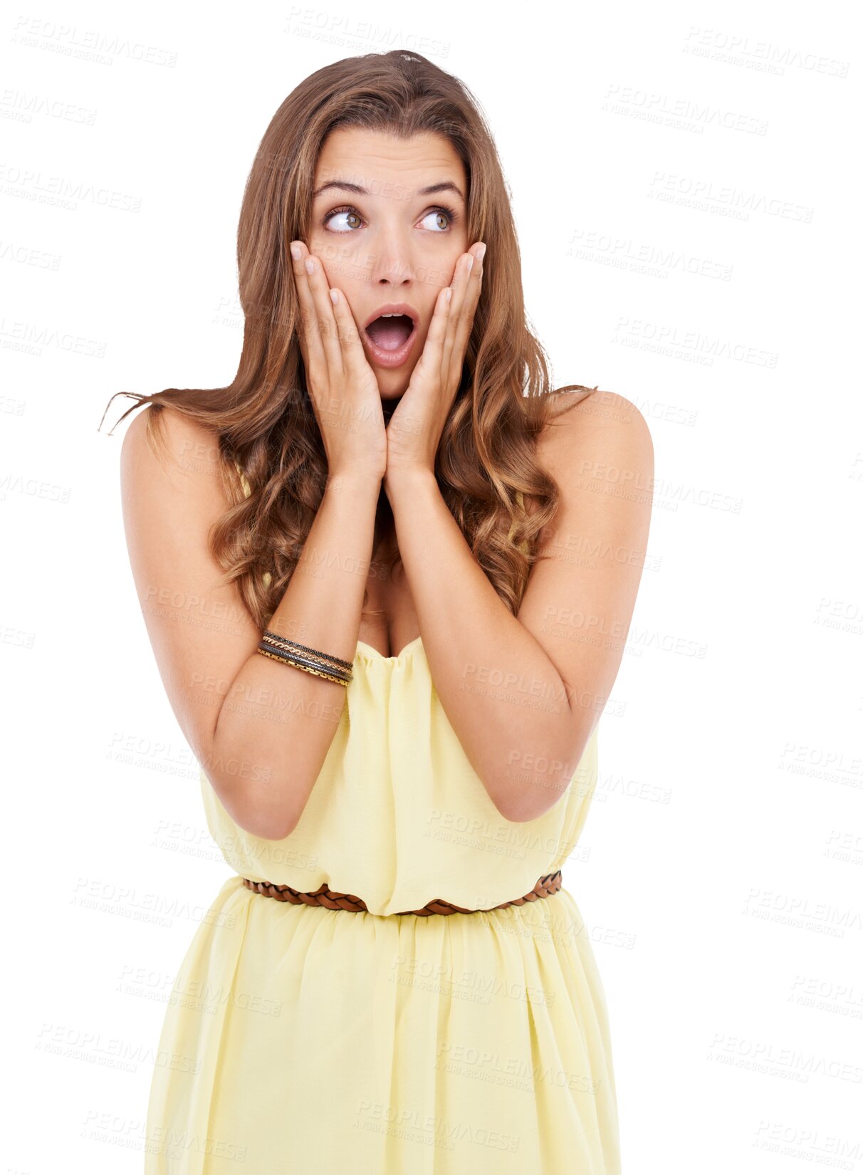 Buy stock photo Woman, hand on face and wow surprise or discount sale announcement. Female model person with shocked emoji for winner, deal or gossip news for advertising isolated on transparent, png background