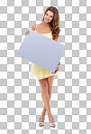 Attractive woman standing and holding a board isolated on a png background