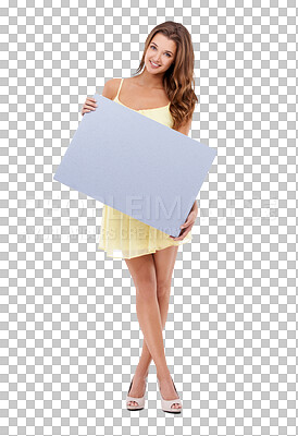 Buy stock photo Woman in portrait with poster, marketing billboard and fashion ambassador in yellow dress isolated on transparent, png background. Mockup, summer deal with female model and boutique sale cardboard