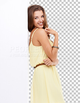 Buy stock photo Portrait, mockup or poster with a woman and sign isolated on a transparent background for marketing. Wall, PNG or space for product advertising with an attractive young female model or ambassador