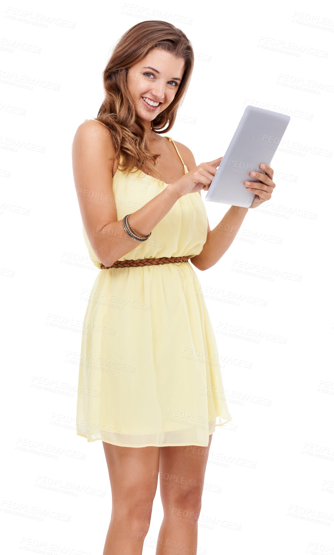 Buy stock photo Isolated woman, tablet and smile in portrait with app, website or internet search by transparent png background. Student girl, happy and mobile touchscreen on social media, blog or funny video on web