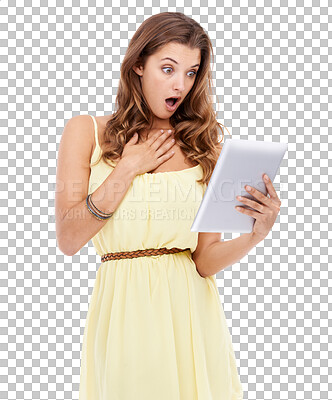 Buy stock photo Isolated woman, wow and reading with tablet for news, blog or post on web app by transparent png background. Student girl, model and mobile touchscreen with surprise, confused and shock for info