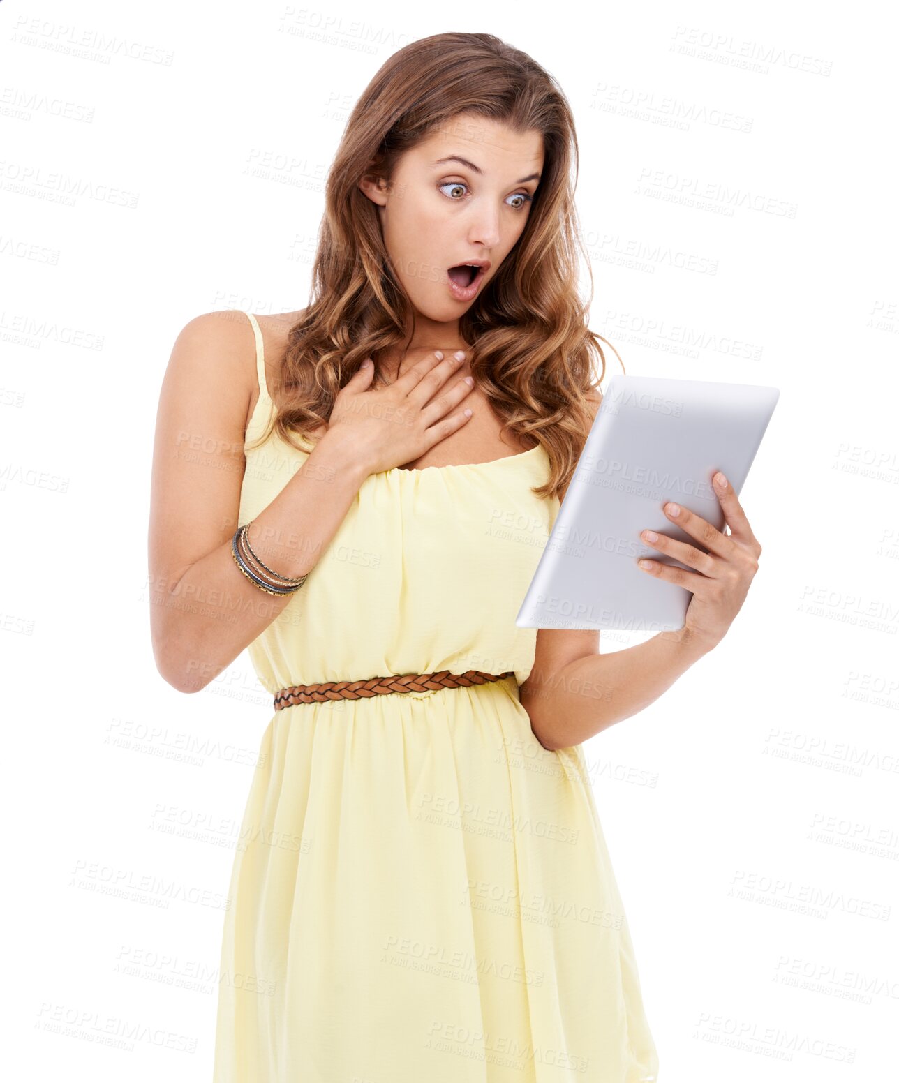 Buy stock photo Isolated woman, wow and reading with tablet for news, blog or post on web app by transparent png background. Student girl, model and mobile touchscreen with surprise, confused and shock for info