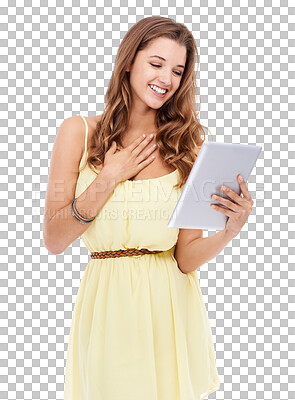 Buy stock photo Isolated young woman, tablet and happy for news, chat or online date with app by transparent png background. Student girl, excited smile and search on social network, reading and web blog