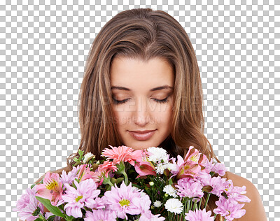 Buy stock photo Isolated woman, smell flowers and eyes closed with smile for present, gift and happy by transparent png background. Girl, model and thinking with floral bouquet for valentines day, birthday or event