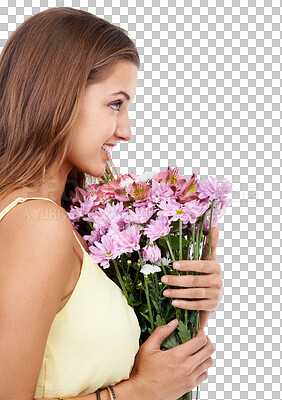 Buy stock photo Isolated woman, flowers and gift in profile with smile for present, dress or spring by transparent png background. Girl, model or floral bouquet with excited face on valentines day, birthday or event