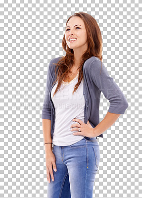 Buy stock photo Woman is thinking about ideas, inspiration and motivation, thoughtful with smile isolated on transparent, png background. Female person pondering, wondering with questions and problem solving