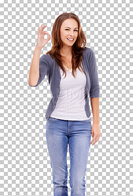 Buy stock photo Ok, happy and portrait of woman on png for motivation, support and agreement. Yes, success and approval with female and hand gesture isolated on transparent background for vote, review and opinion