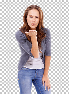 Buy stock photo Portrait, blow a kiss and PNG with a woman isolated on a transparent background for love or romance. Hand, smile and affectionate with an attractive young or happy female person kissing the air