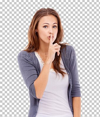 Buy stock photo Isolated woman, portrait and finger on lips for silence, secret or gossip by transparent png background. Student girl, young model and index on mouth to gesture for quiet, story or hush with fashion