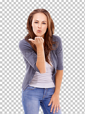 Buy stock photo Portrait, blowing a kiss and PNG with a woman isolated on a transparent background for love or romance. Hand, smile and affection with an attractive young or happy female person kissing the air