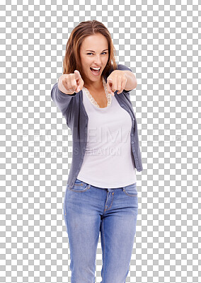 Buy stock photo Excited, pointing and portrait of woman on png for decision, vote and choose you. Smile, happy and confidence with female isolated on transparent background for choice, motivation or finger gesture 