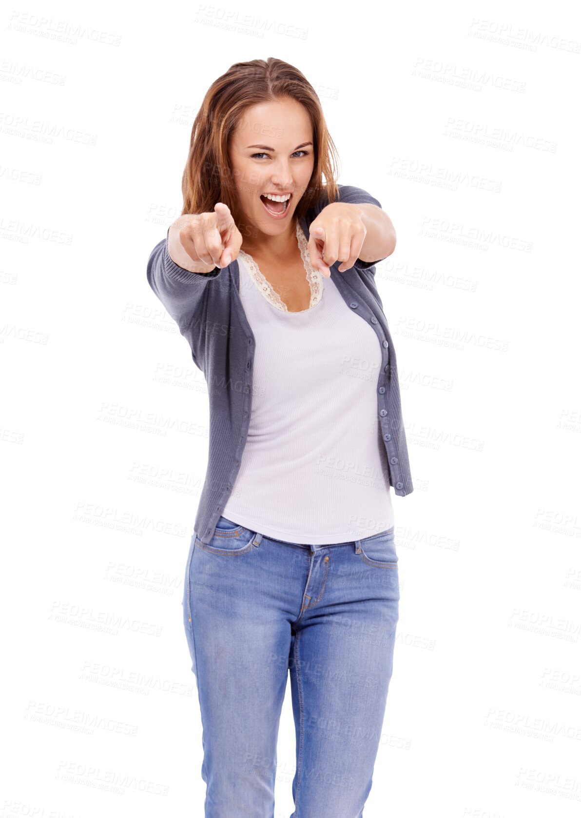 Buy stock photo Excited, pointing and portrait of woman on png for decision, vote and choose you. Smile, happy and confidence with female isolated on transparent background for choice, motivation or finger gesture 