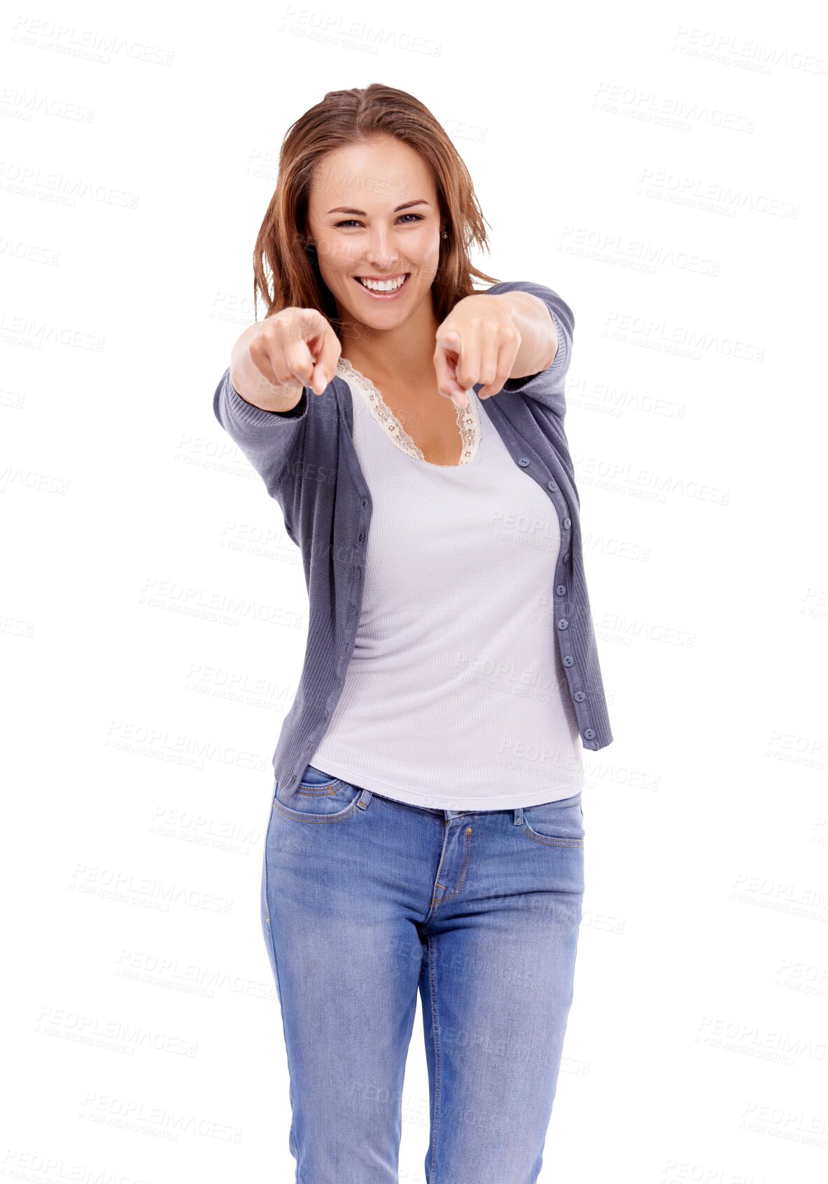 Buy stock photo Smile, pointing and portrait of woman on png for decision, vote and choose you. Happy, excited and confidence with female isolated on transparent background for choice, motivation and finger gesture 