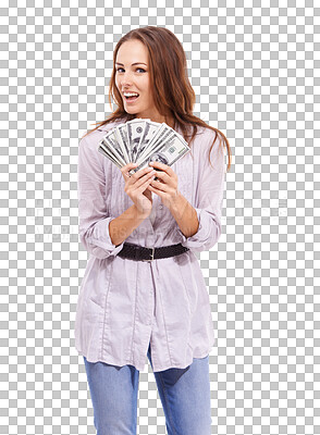 Buy stock photo Money, fan and woman portrait isolated on transparent, png background for winning, cash or happy finance in lottery. Rich, wow and wealth person or winner with bonus, lotto cashback or financial loan