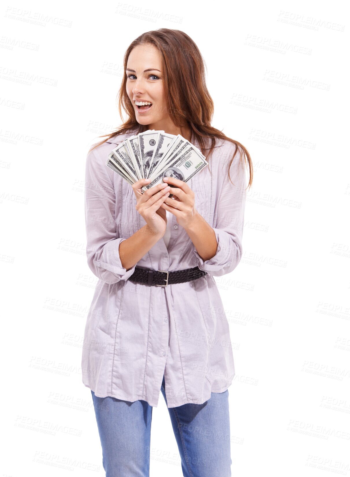 Buy stock photo Money, fan and woman portrait isolated on transparent, png background for winning, cash or happy finance in lottery. Rich, wow and wealth person or winner with bonus, lotto cashback or financial loan