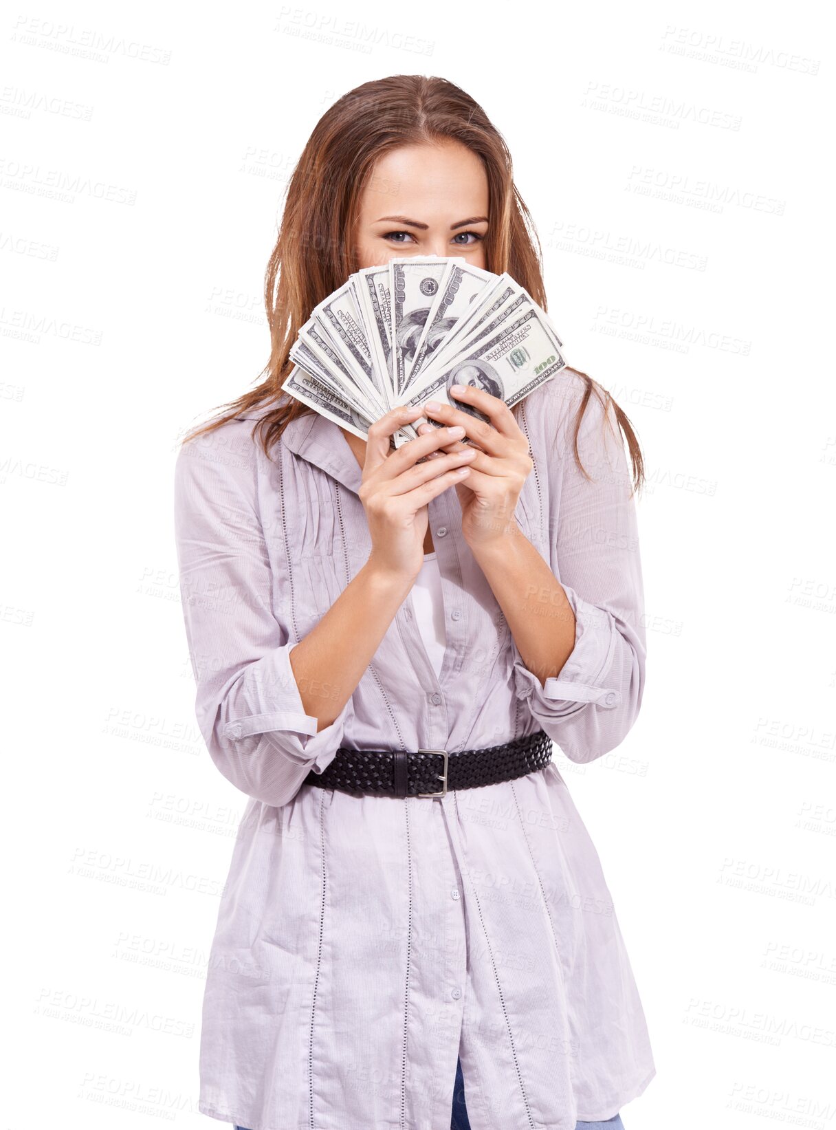 Buy stock photo Money, cover face and portrait of woman isolated on transparent, png background winning, cash and finance. Lottery, bank and person or winner with investment bonus, budget secret or financial profit