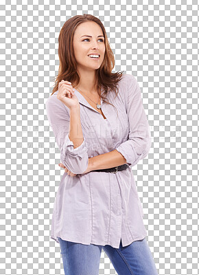 Buy stock photo Idea, thinking or woman with a smile, future or lady isolated on transparent background. Female person, model or girl with happiness, thoughts or wonder with fantasy, decision or opportunity with png