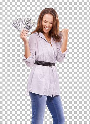 Buy stock photo Isolated woman, money fan and celebration for winning, lotto or crypto profit by transparent png background. Model, winner girl and cash with excited face, smile or savings for trading, bonus or goal