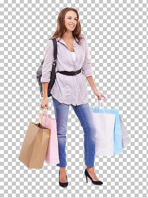 Buy stock photo Clothes, woman with shopping bags and in png or transparent background. Discounts or sales, happy or satisfied female person and isolated wealthy or rich shopper carrying products on shopping spree