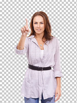 Buy stock photo Smile, finger and woman click, swipe and touch screen with girl isolated against a transparent background. Female model, human and person with hand gesture, interactive and hand with png and button