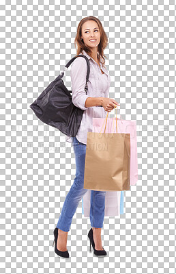 Buy stock photo Shopping bag, customer and happy woman isolated on transparent, png background with fashion sales, discount or promo. Wealth, inspiration and shopper or female person with clothes and retail gift