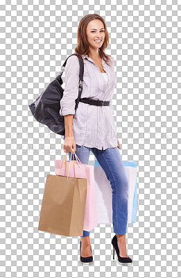 Buy stock photo Shopping bag, happy woman and portrait isolated on transparent, png background for fashion sales, discount or promo. Wealth, walking and customer or person with spring deal, clothes and retail bags