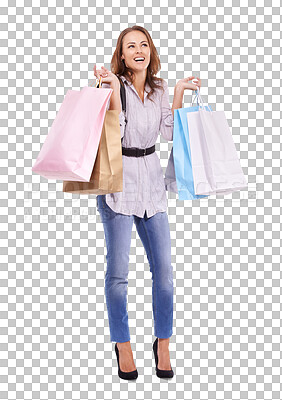 Buy stock photo Shopping bag, thinking and happy woman isolated on transparent, png background of fashion ideas, discount or sales. Wealth, inspiration and customer or person smile for present, giveaway or gift bags