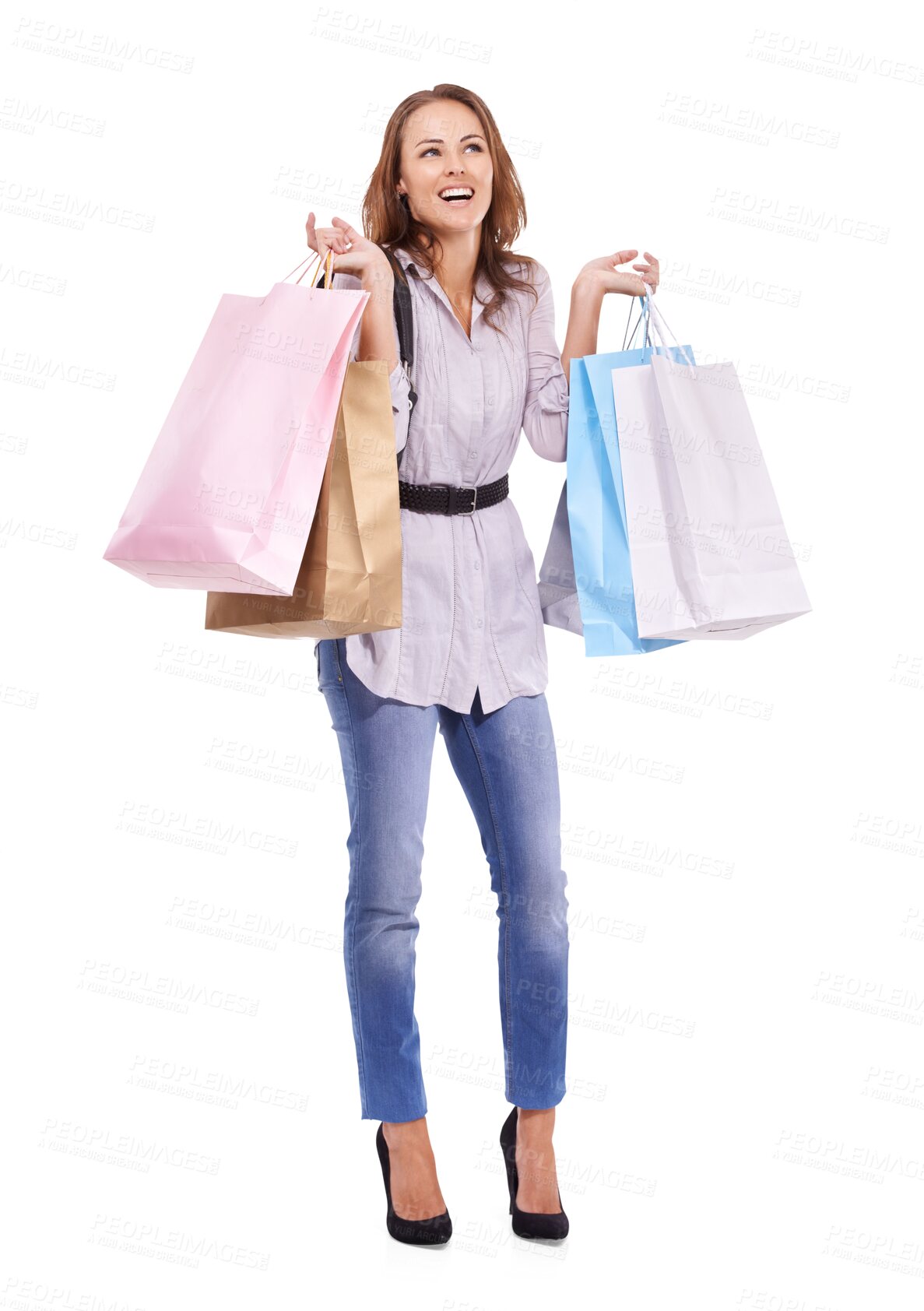 Buy stock photo Shopping bag, thinking and happy woman isolated on transparent, png background of fashion ideas, discount or sales. Wealth, inspiration and customer or person smile for present, giveaway or gift bags